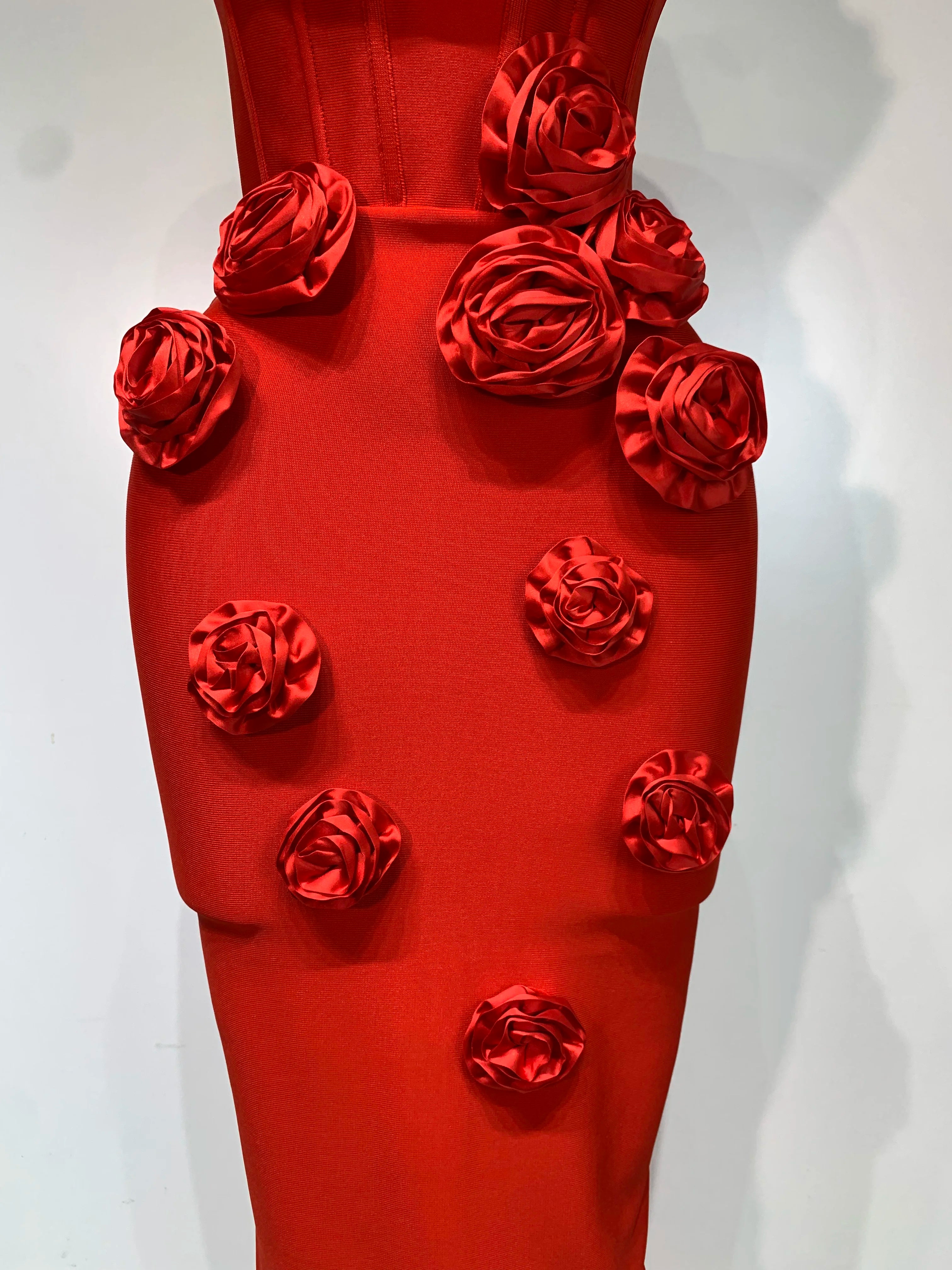 Strapless Backless Red Flower Midi Bandage Dress