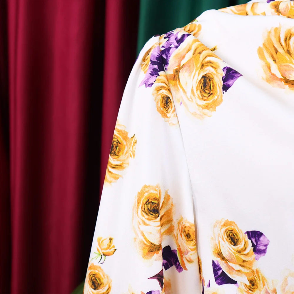 Two Piece Sets Slim Fit Print Floral Round Neck Lantern Sleeve Elegant Splice Wide Leg Long Pants
