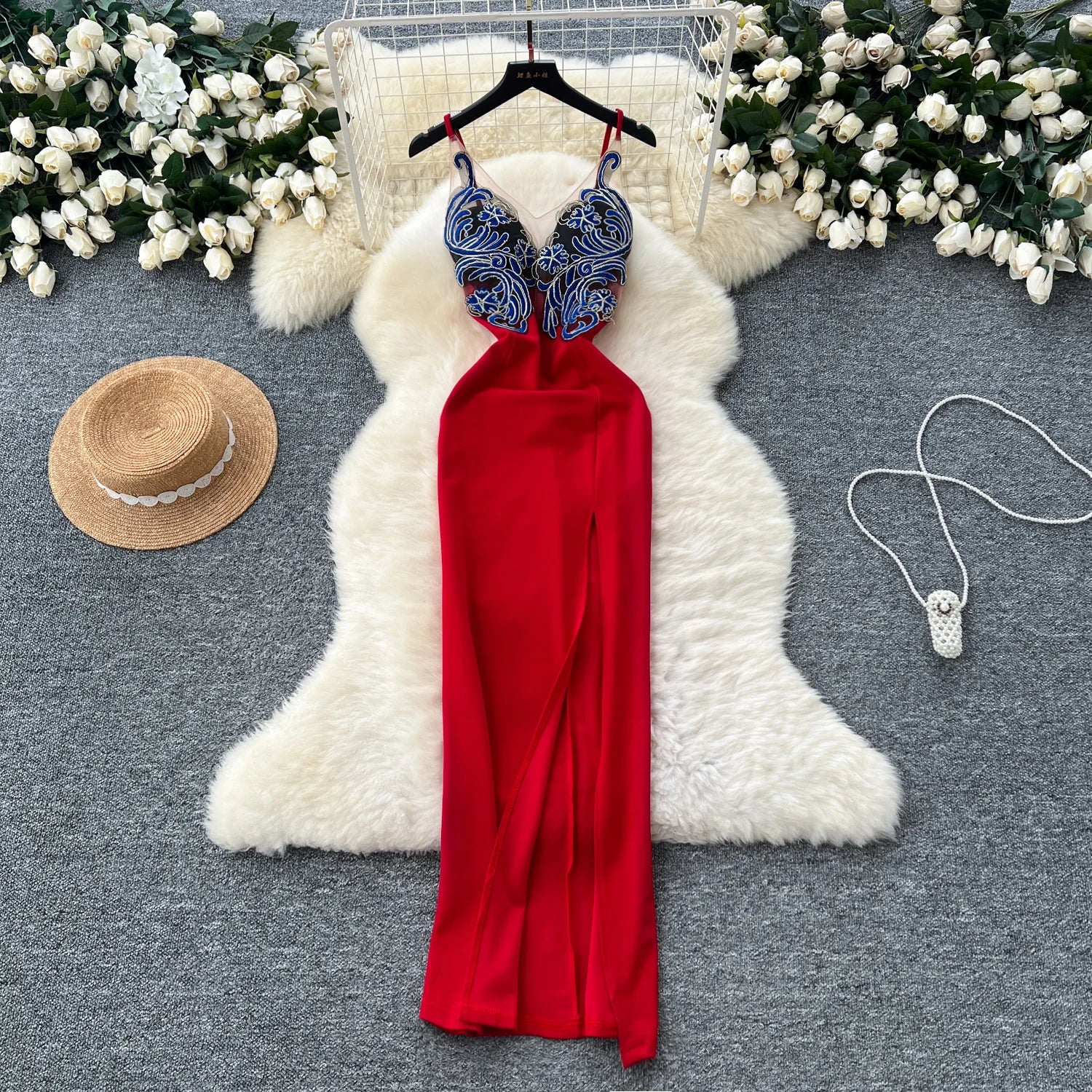 Elegant V-neck Vintage Embroidered Spliced French Dress