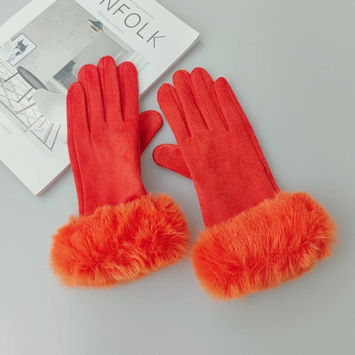 Faux Fur Suede Leather Touch Gloves