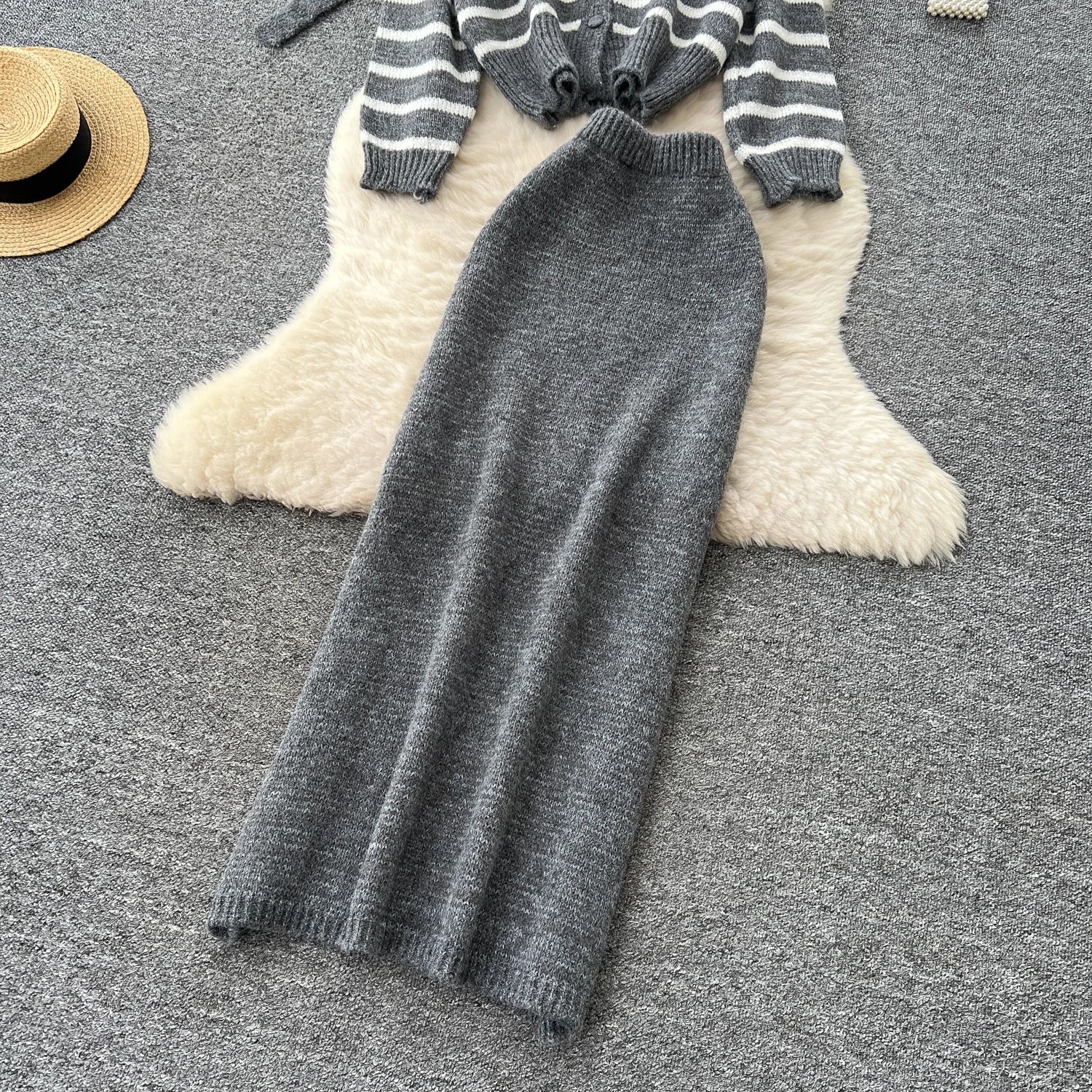 Striped Sweater Loose Cardigan+Elastic Long Skirts Knitted Two Piece Set