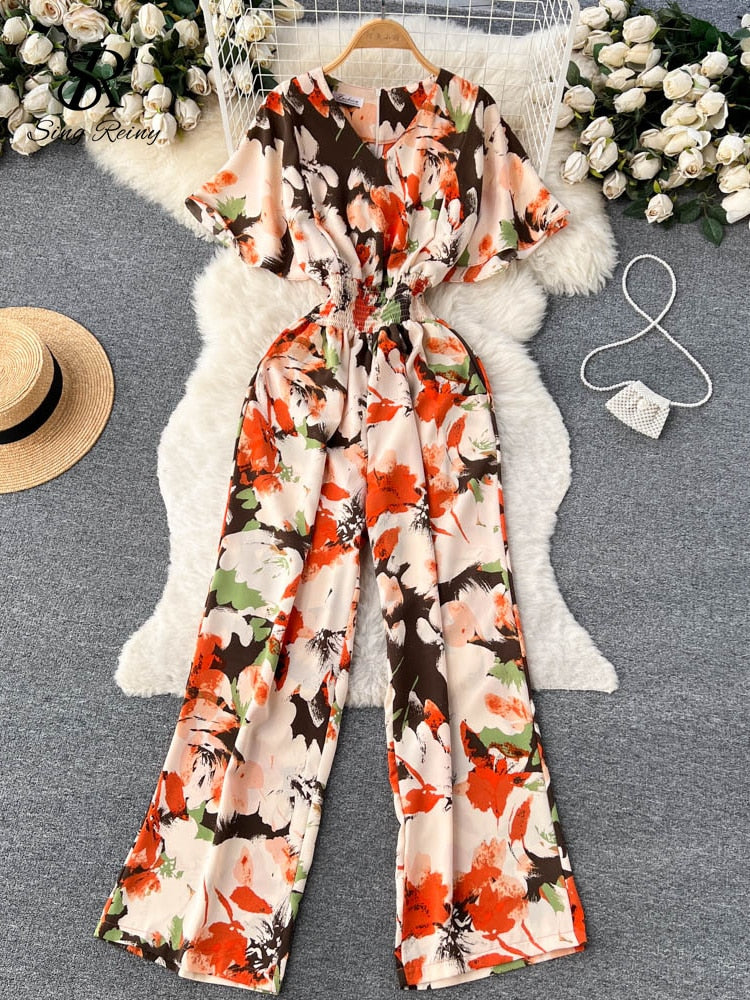 Floral V Neck Jumpsuits Retro Long Rompers