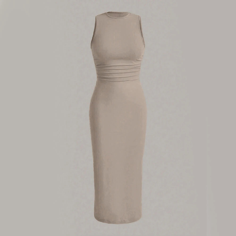 Minimalist Plain Sleeveless Crew Neck Wrap MIDI Party Dresses