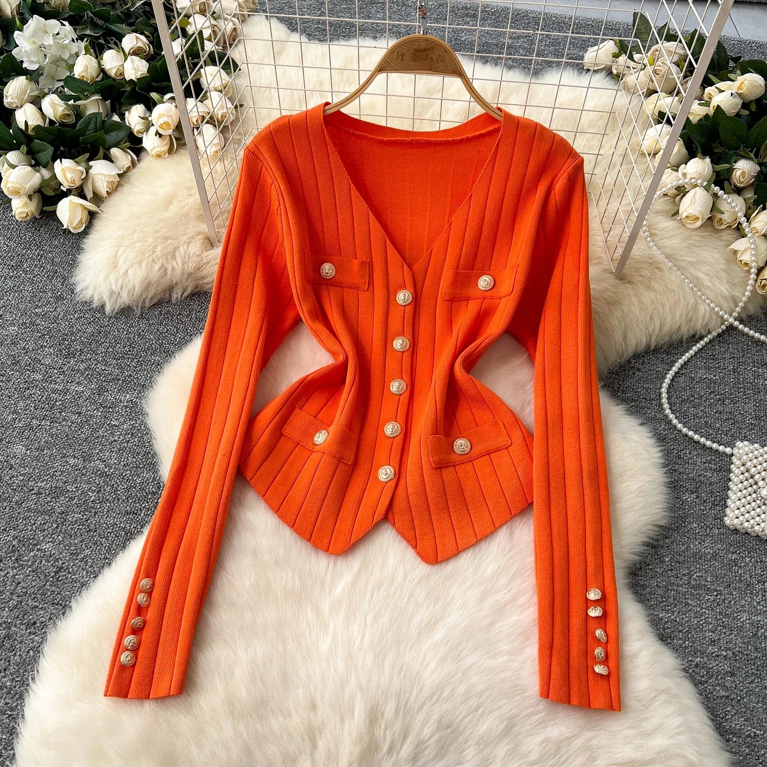 Knitted Full Sleeves Tops+Single Breasted Tank Tops+Elastic Waist Skirt  Suits