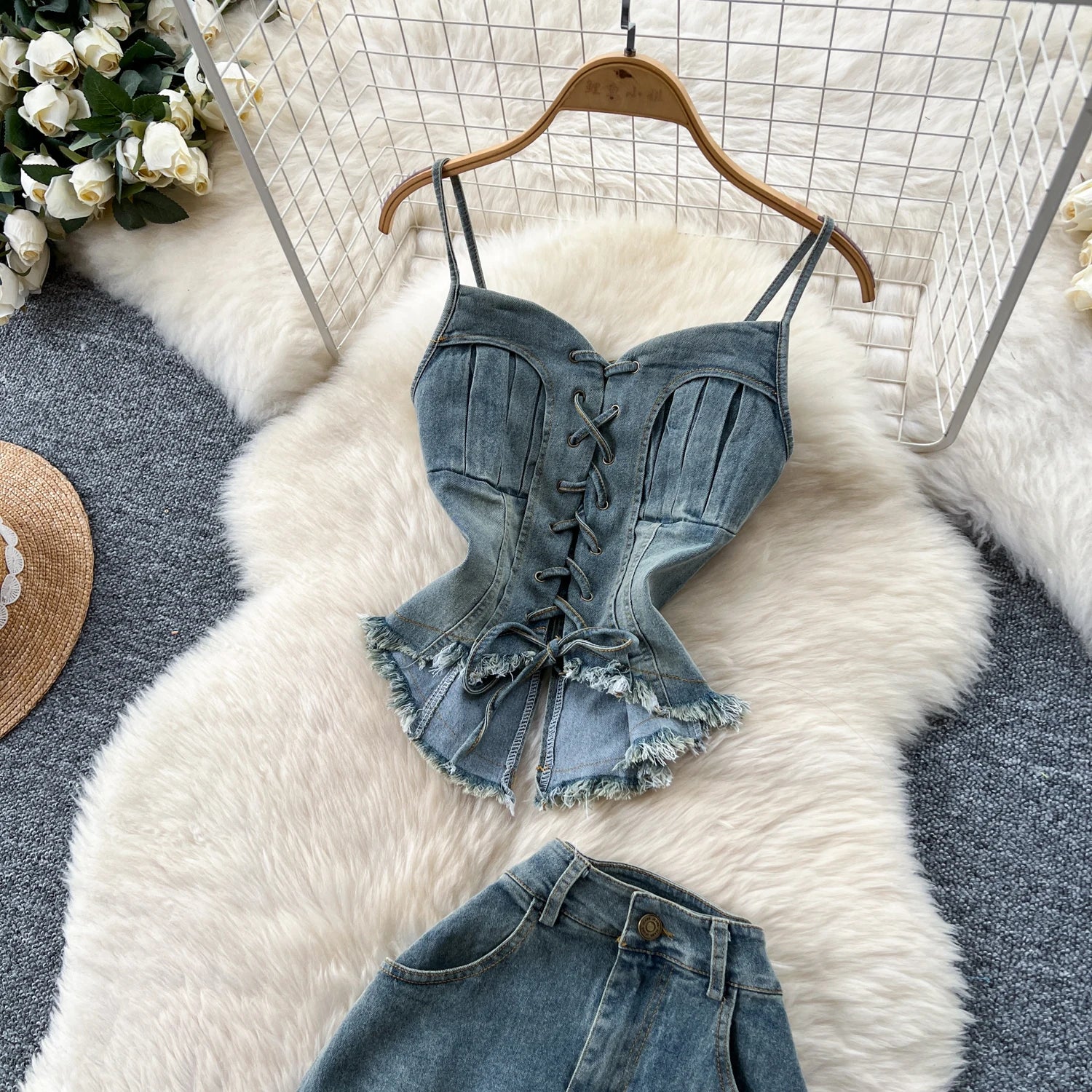Vintage Lace Up Strapless Top And Skirt Demin Set