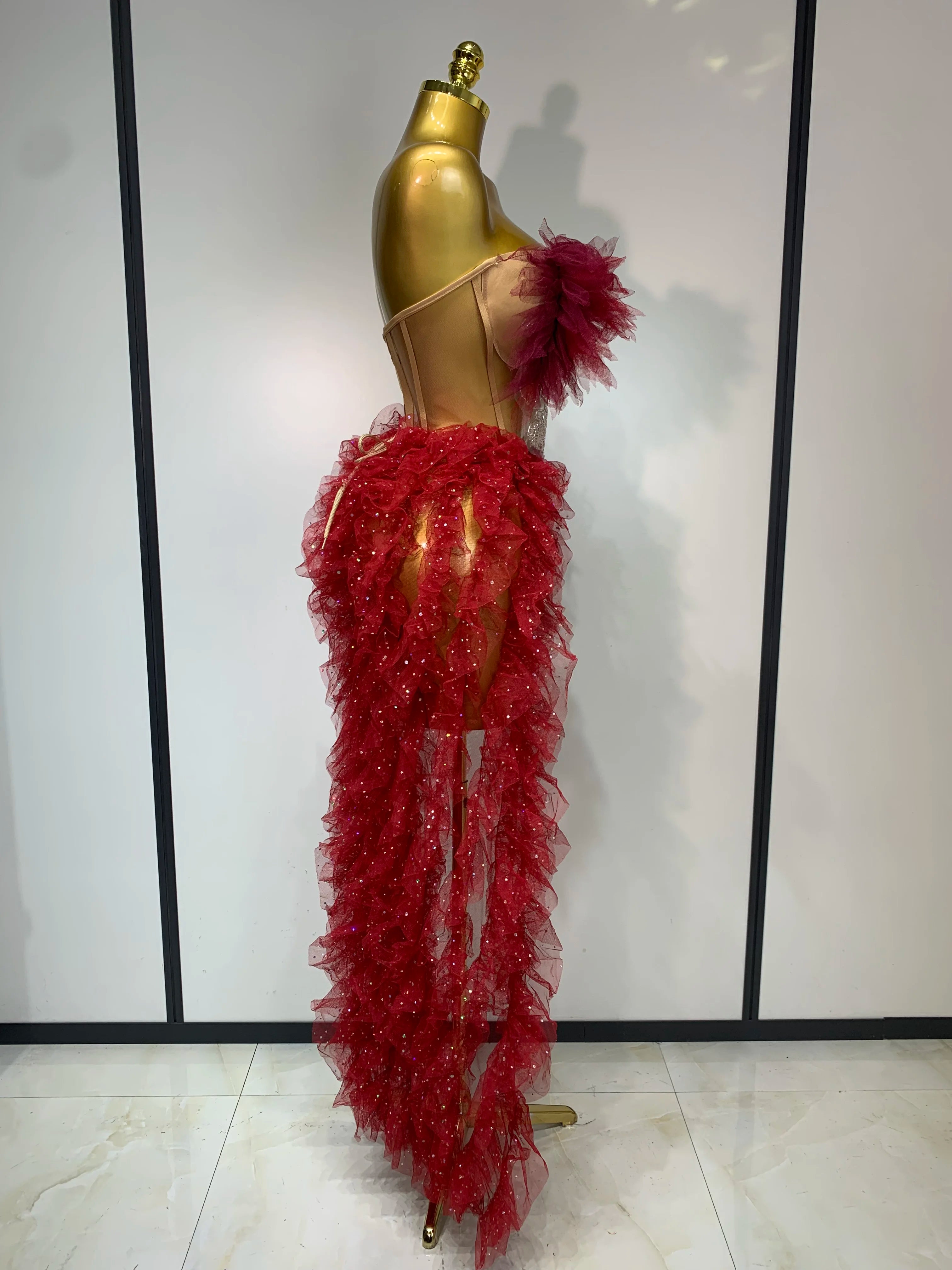 Strapless Ruffles two Pieces Set Bodycon Long Dress High Split Nightclub Birthday  Dress