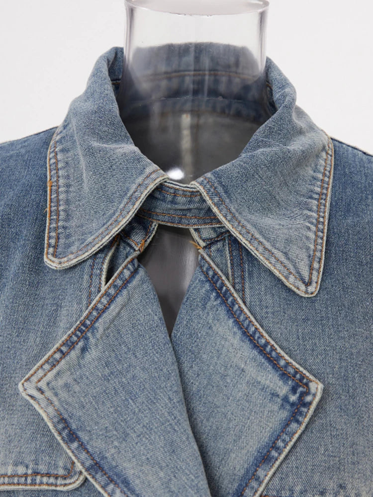 Blue Denim Big Size Long Trench Lapel Long Sleeve Loose Fit Windbreaker