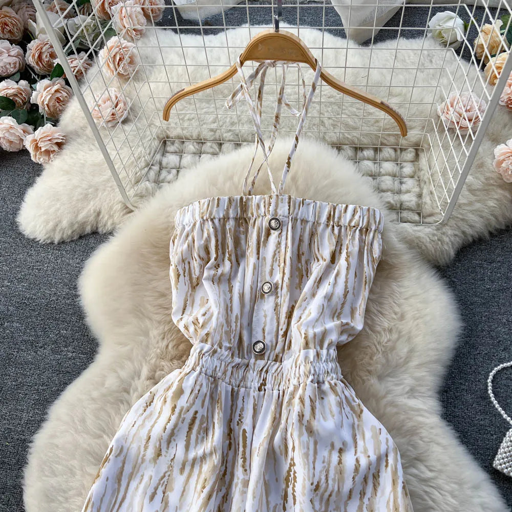 Halter Strapless Backless Loose Wide Legs Pants Beach Style Striped Jumpsuits