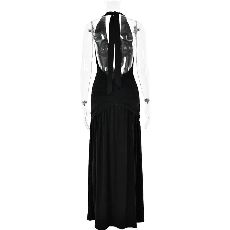 Thigh High Split Halter Deep V Neck Backless Maxi Dress