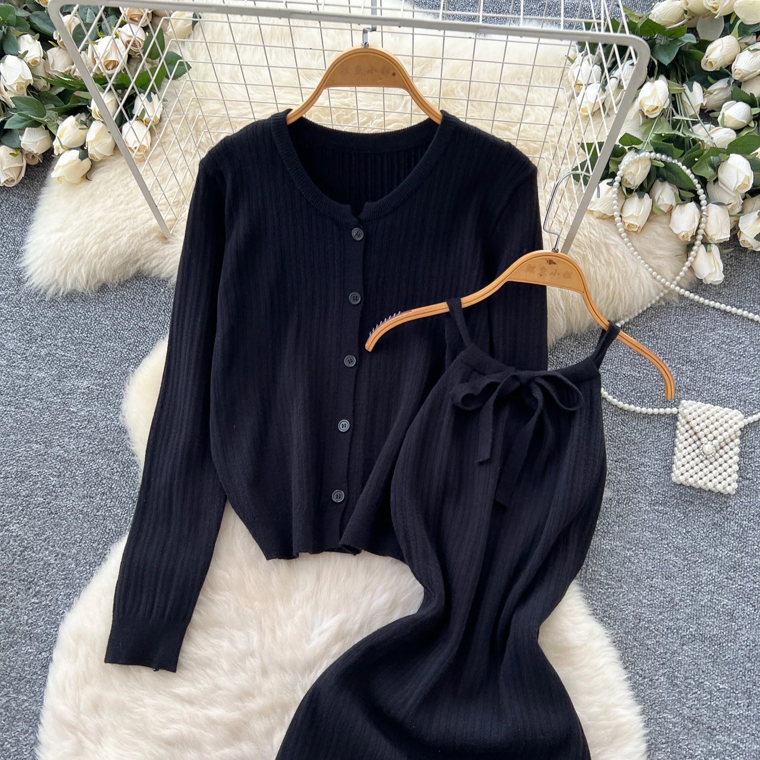 Elegant Long Sleeve Single Breasted Tops+Sleeveless Strap Bodycon Dress Knit Solid Sweater Sets