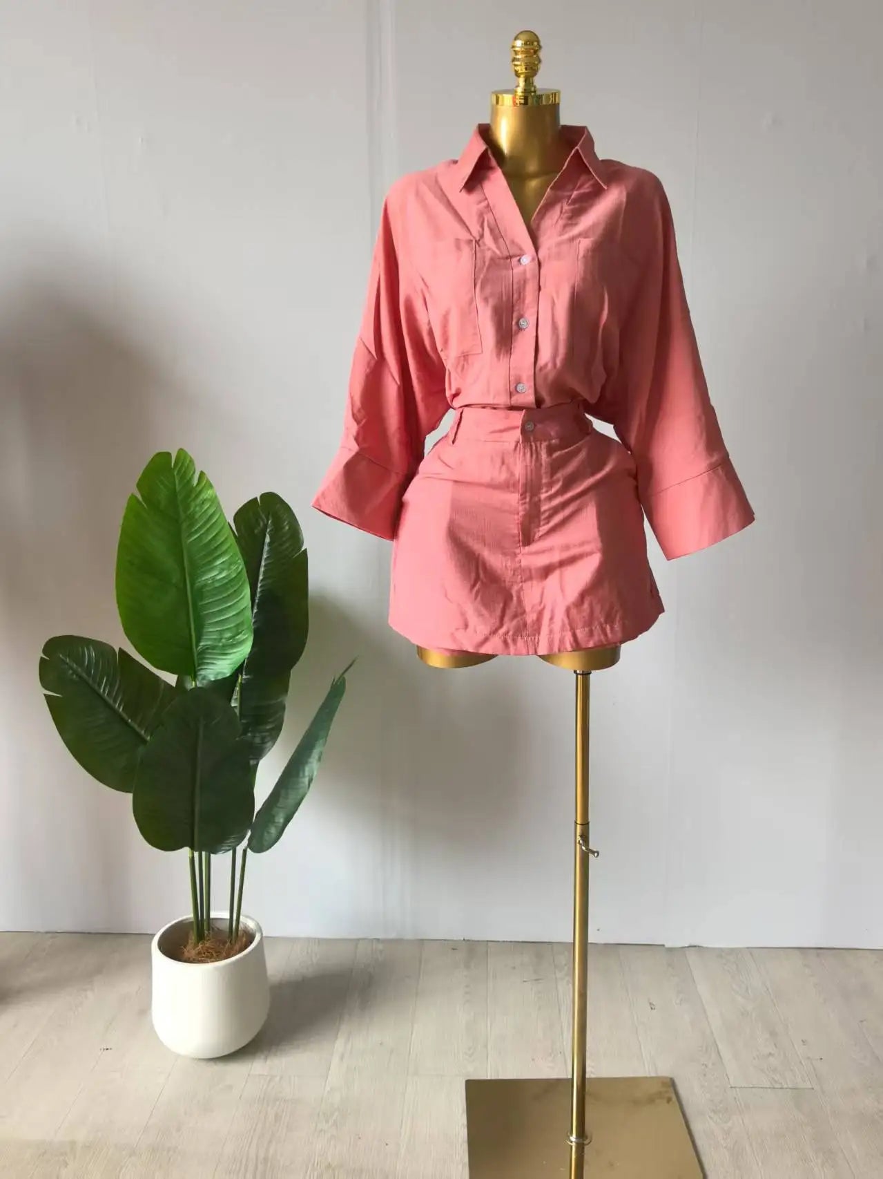 Full Sleeve Turn-down Collar T-shirt and Skirts Shorts Chic Two 2 Piece Sets