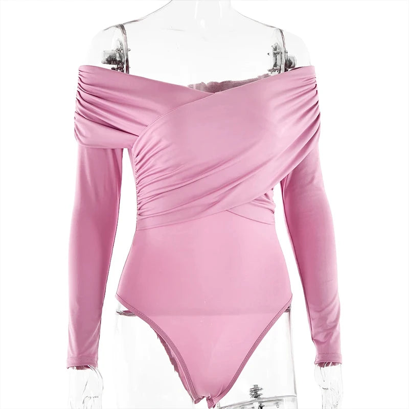 Off Shoulder Crossed Folds Long Sleeve Fashion Bodysuits