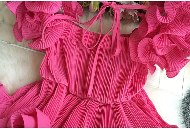 Pleated Chiffon Square Collar Ruffles Strap Tops