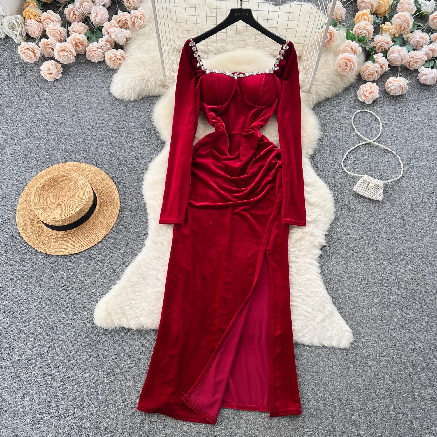 Winter Velvet Split Long Dress