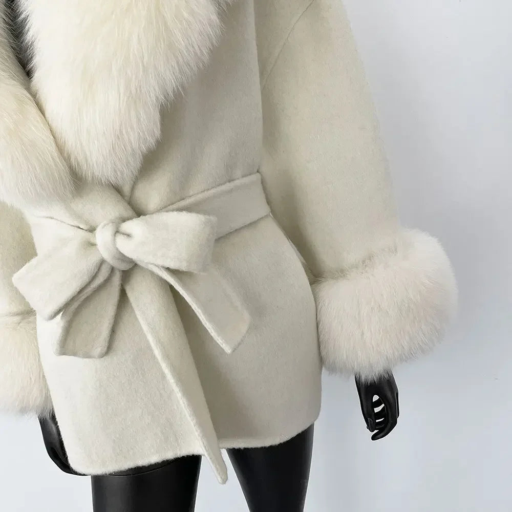 Winter Loose Outerwear Casual Natural Real Raccoon Fox Fur Blends Wool Coat