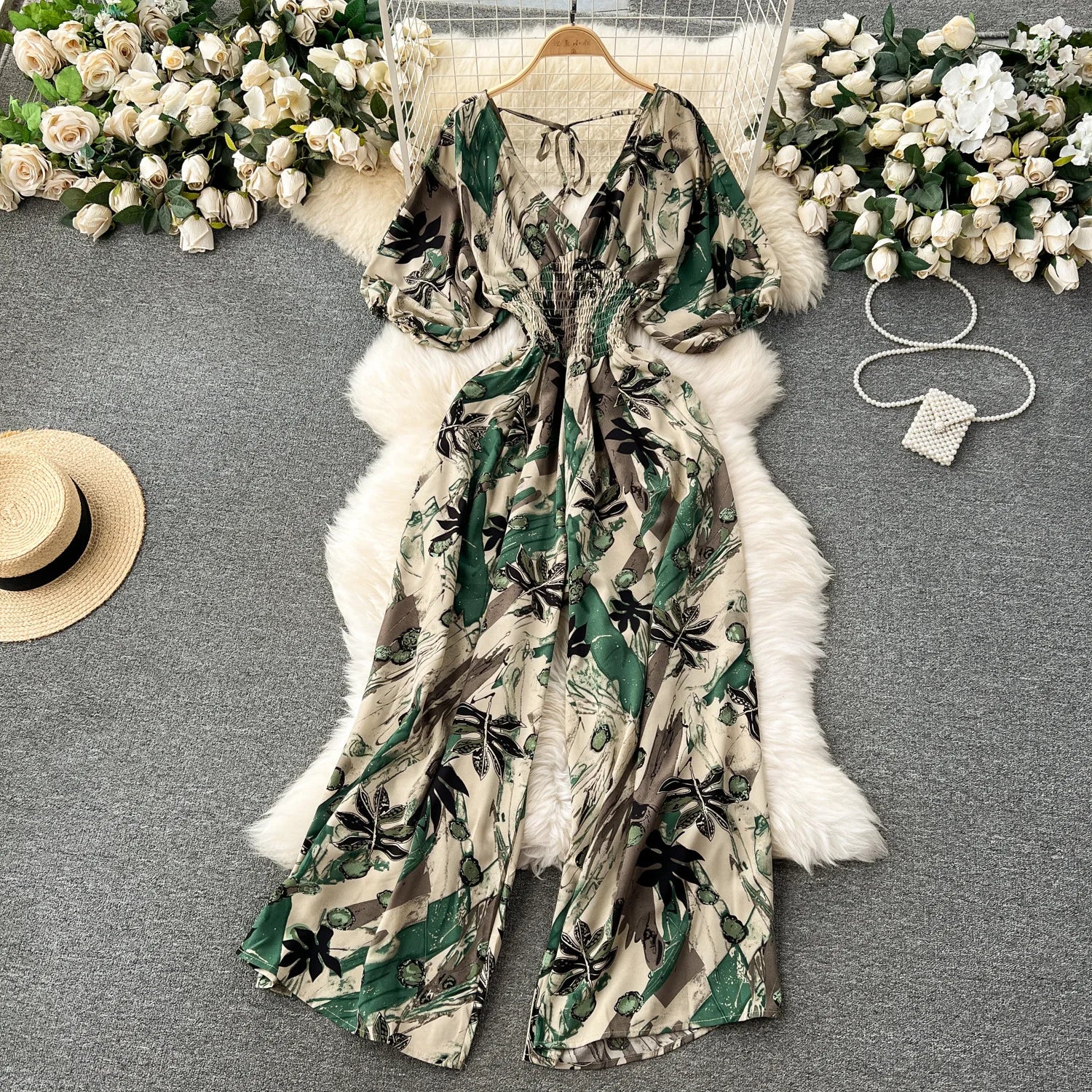 V Neck Dolman Sleeves Floral Print Wide Leg Jumpsuit