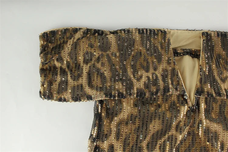 Leopard Sequins Slash Neck Sheath Bodycon Long Maxi
