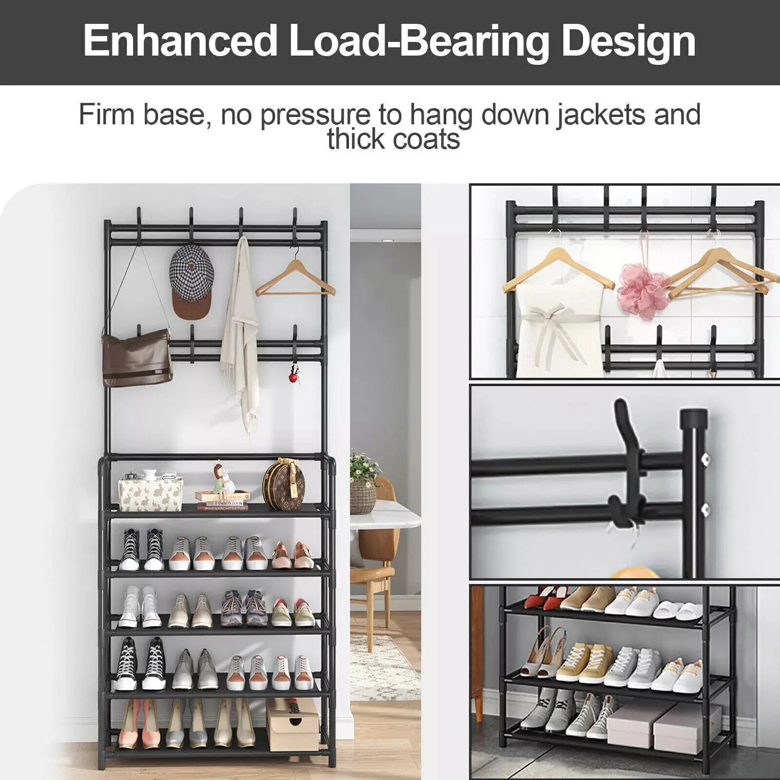 1pcs 5-Tier Shoe Storage Clothes Rack, 8 Hooks & Easy Assembly - Space-Saving Organizer for Hallway, Bedroom, Office