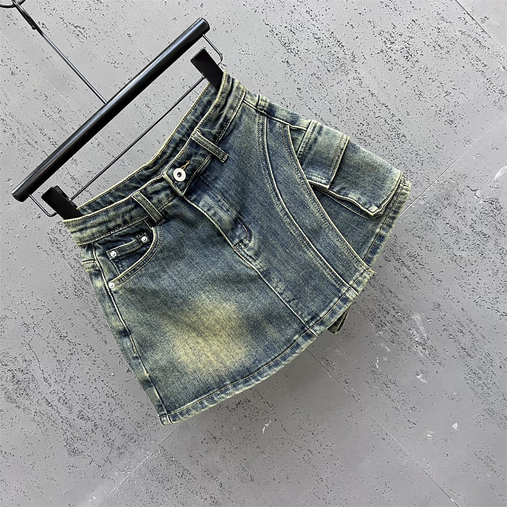 Denim Big Pockets Cargo High Waist Short A-line Mini Skirt