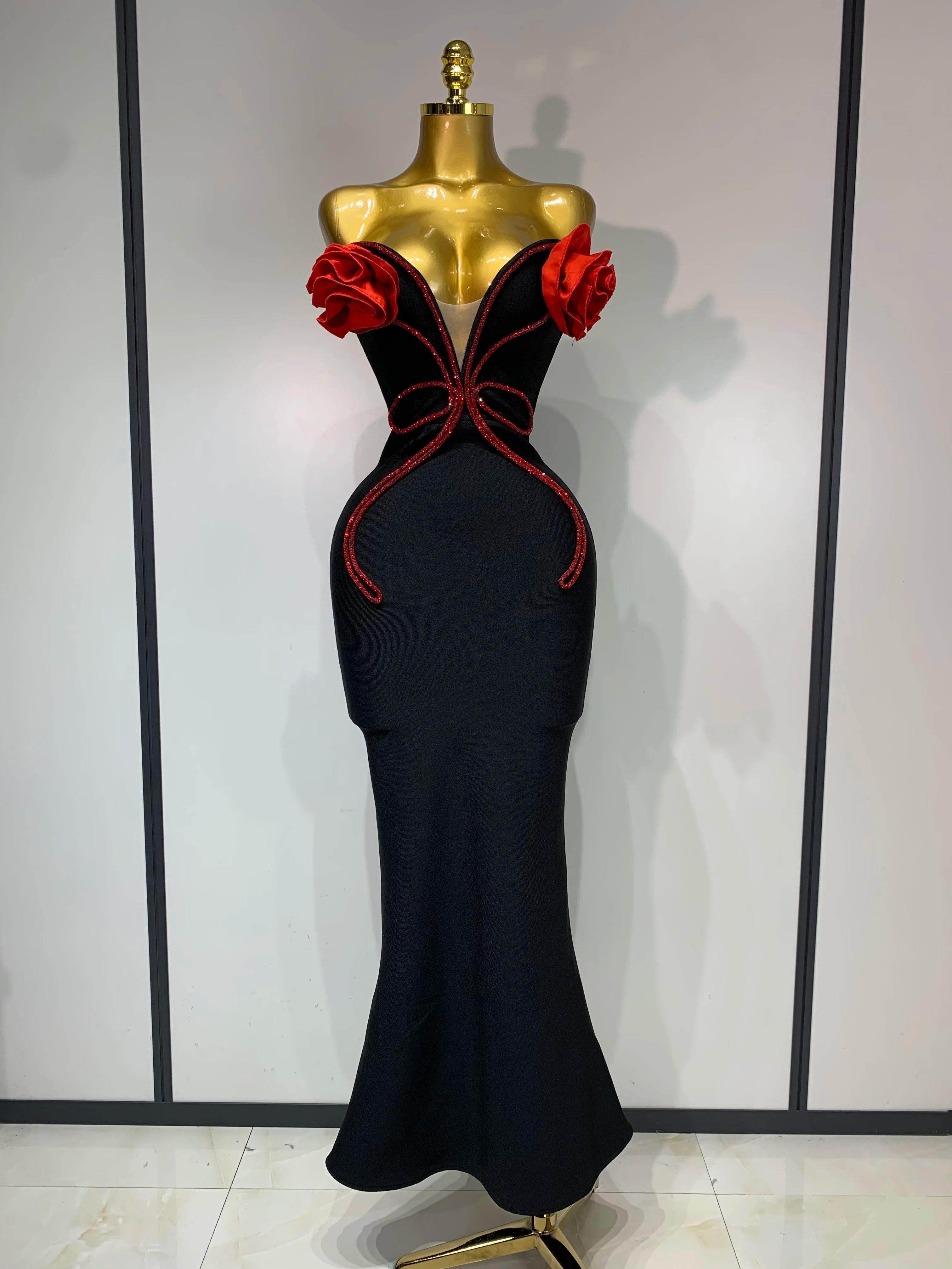 Strapless Flower Appliques Diamond Bodycon Bandage Mermaid Dress