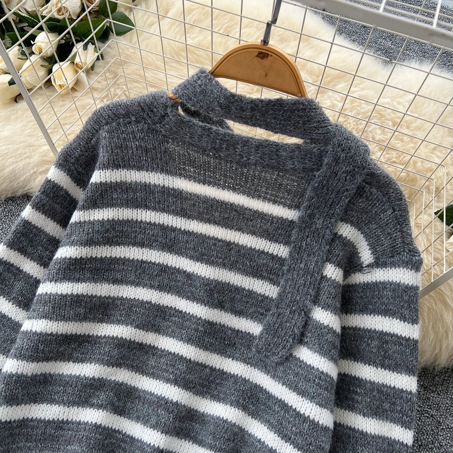 Striped Sweater Loose Cardigan+Elastic Long Skirts Knitted Two Piece Set