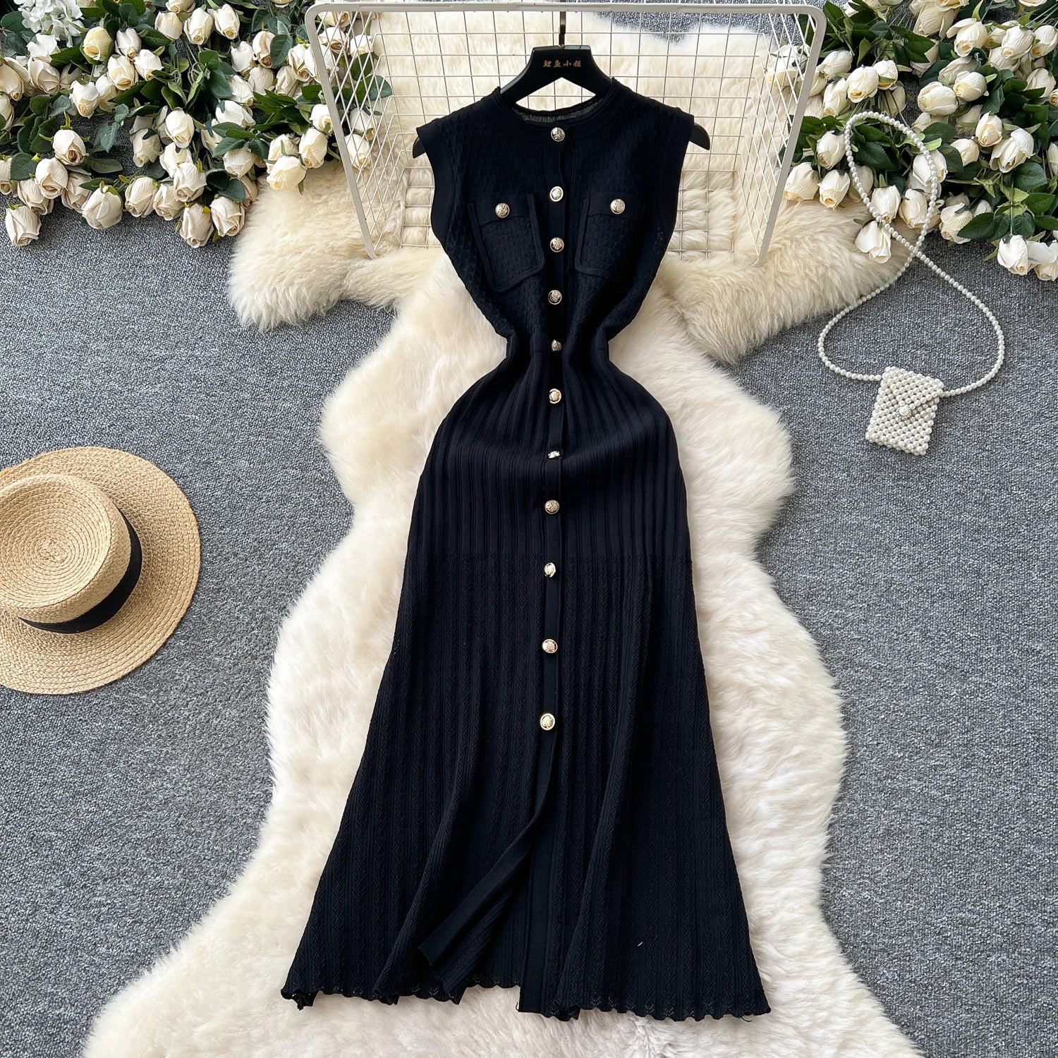 Office Lady Dress O Neck Sleeveless Single Breasted Chic Knitted Dress