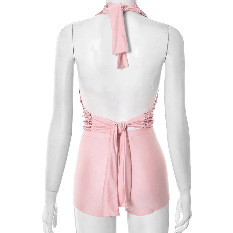 2 Piece Set Women Y2K Hipster Halter Bandage Swing Collar Tank Tops+Shorts Matching Set