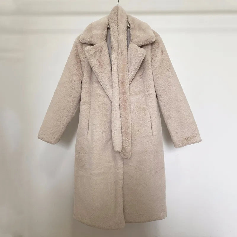 Oversized Lapel Belted Faux Rabbit Fur Coat