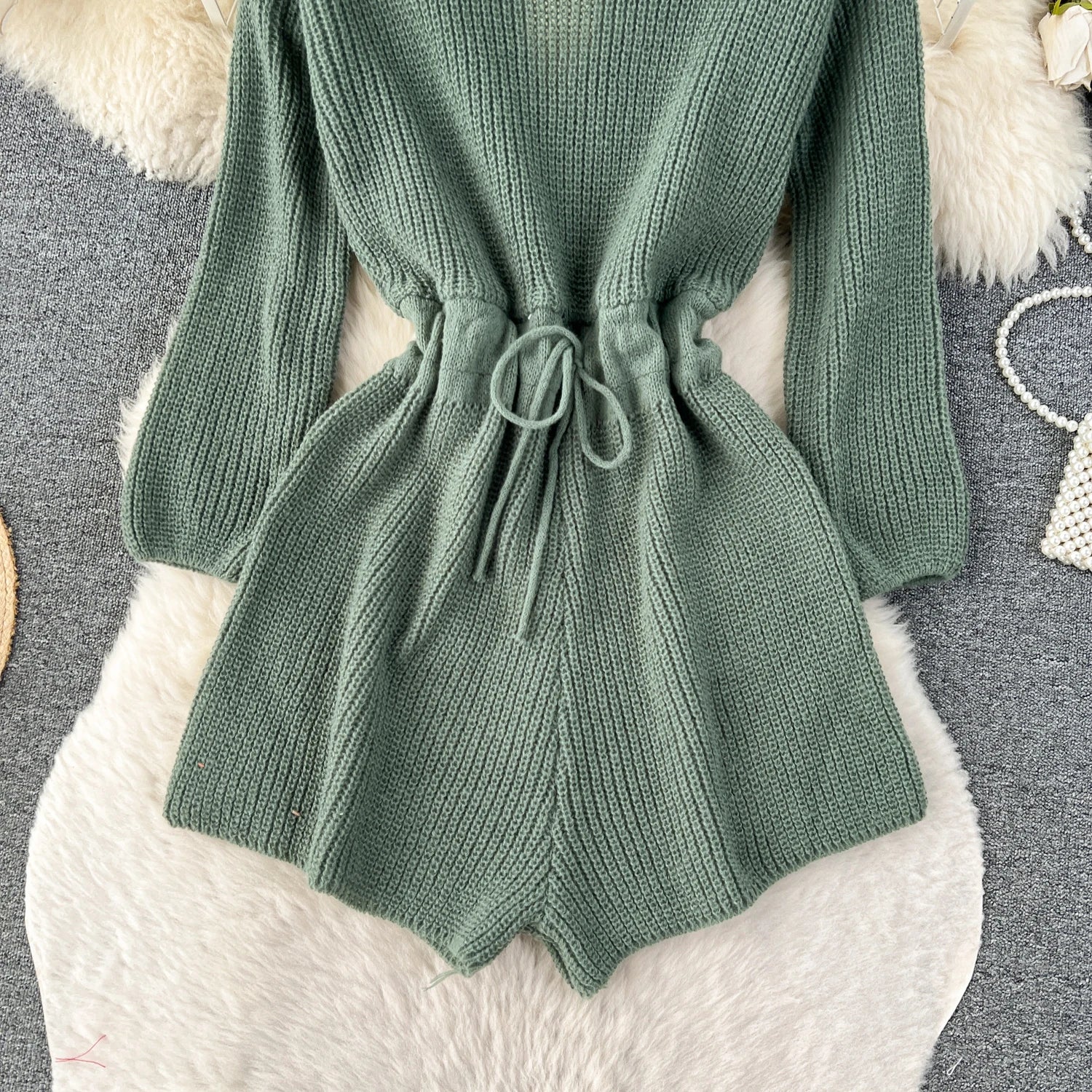 Korean Style Casual Bodysuits O Neck Long Sleeves Hollow Out Backless Drawstring Elastic Waist Shorts Jumpsuits