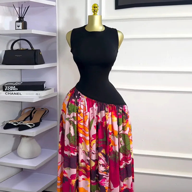 Sleeveless Printed Patchwork Tank Long Maxi Dress