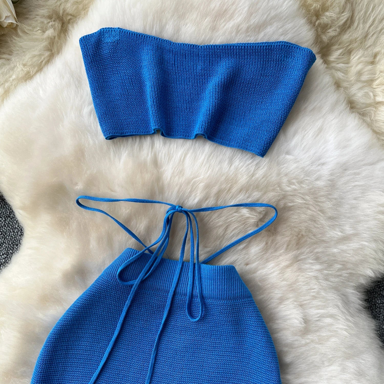 Casual Two Pieces Sets Strapless Mini Crop Top+Bodycon Wrapped Hip Split Skirt Suits