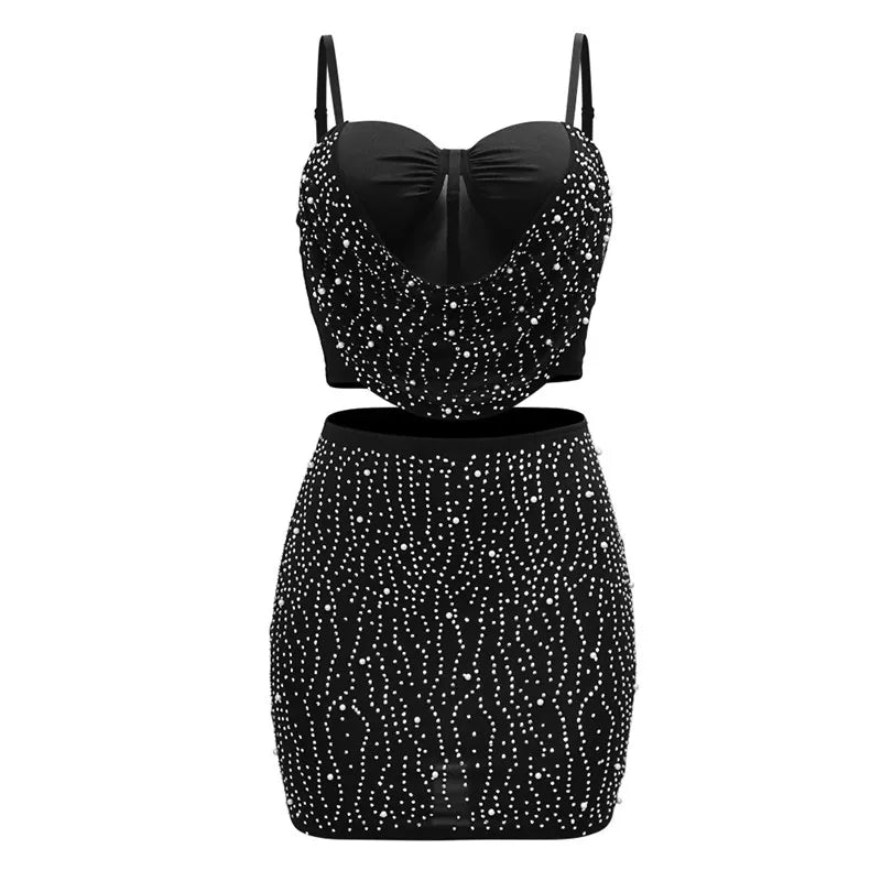 Two Piece Set Strap Mesh Rhinestone Top and Diamonds Mini Skirts Sets