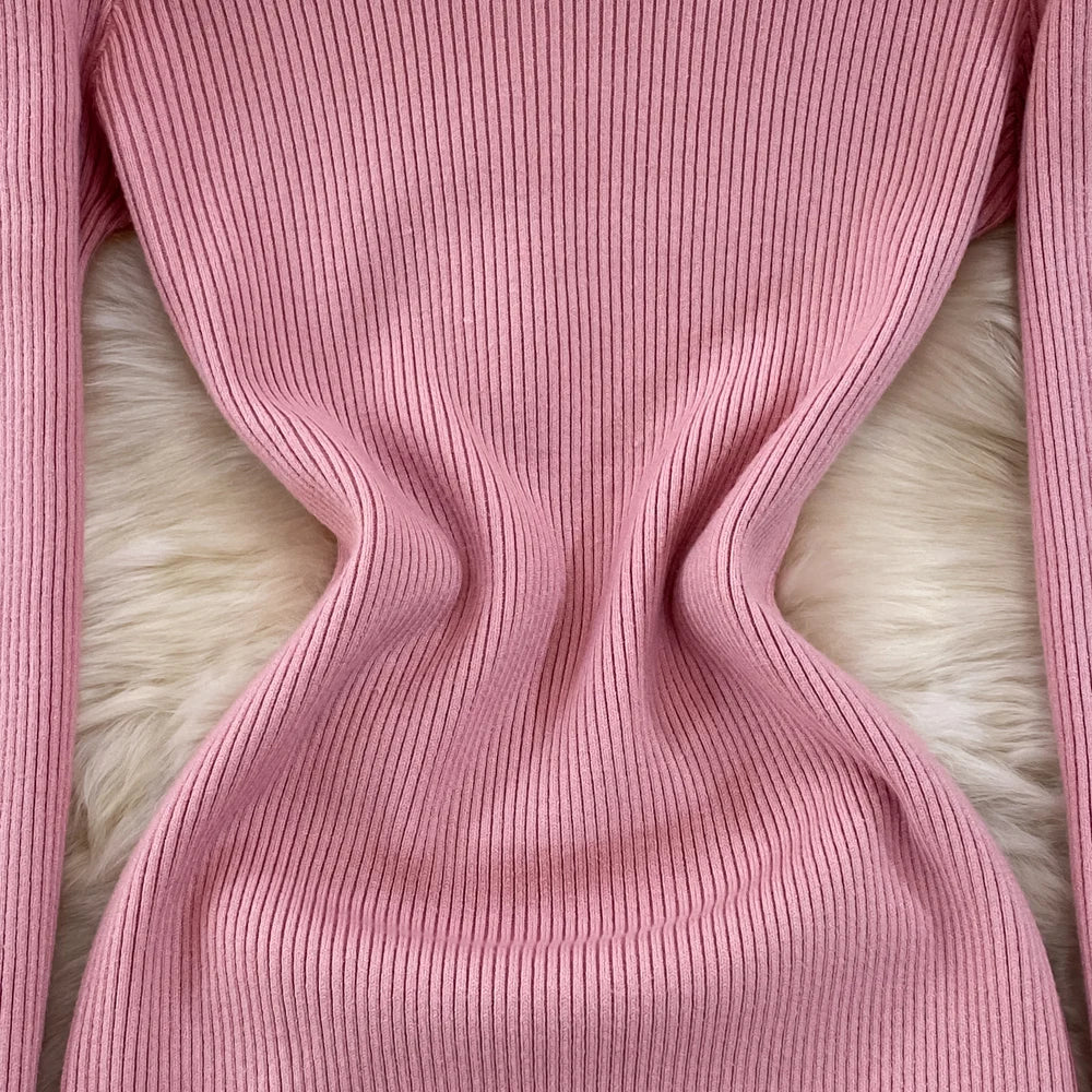 Elegant Turtleneck Long Sleeve Knit Bodycon Pencil Sweater Dress Autumn Winter Clothing