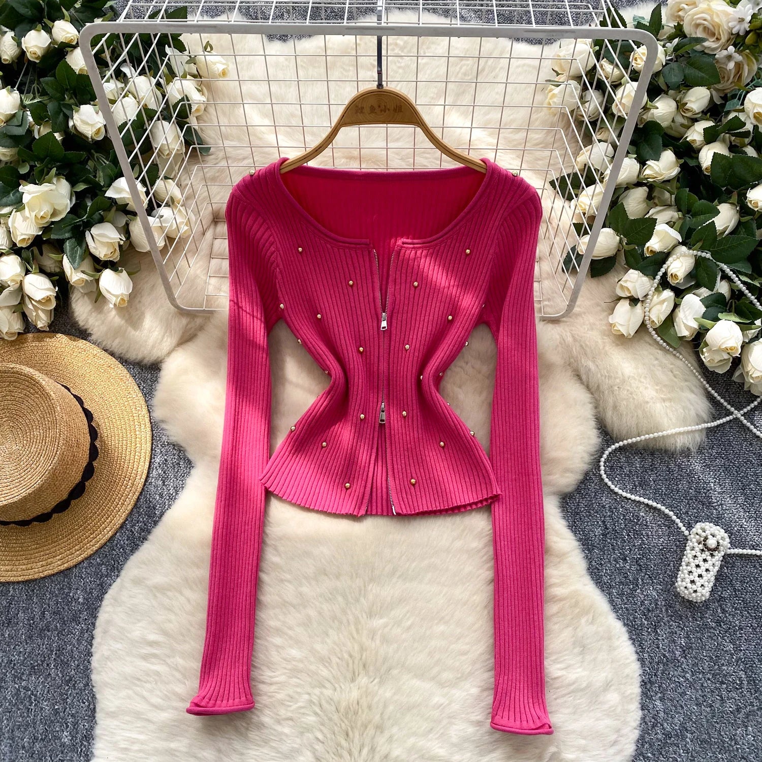 Slim Pullovers Beadings Zippers Short Knitted Skinny Tops