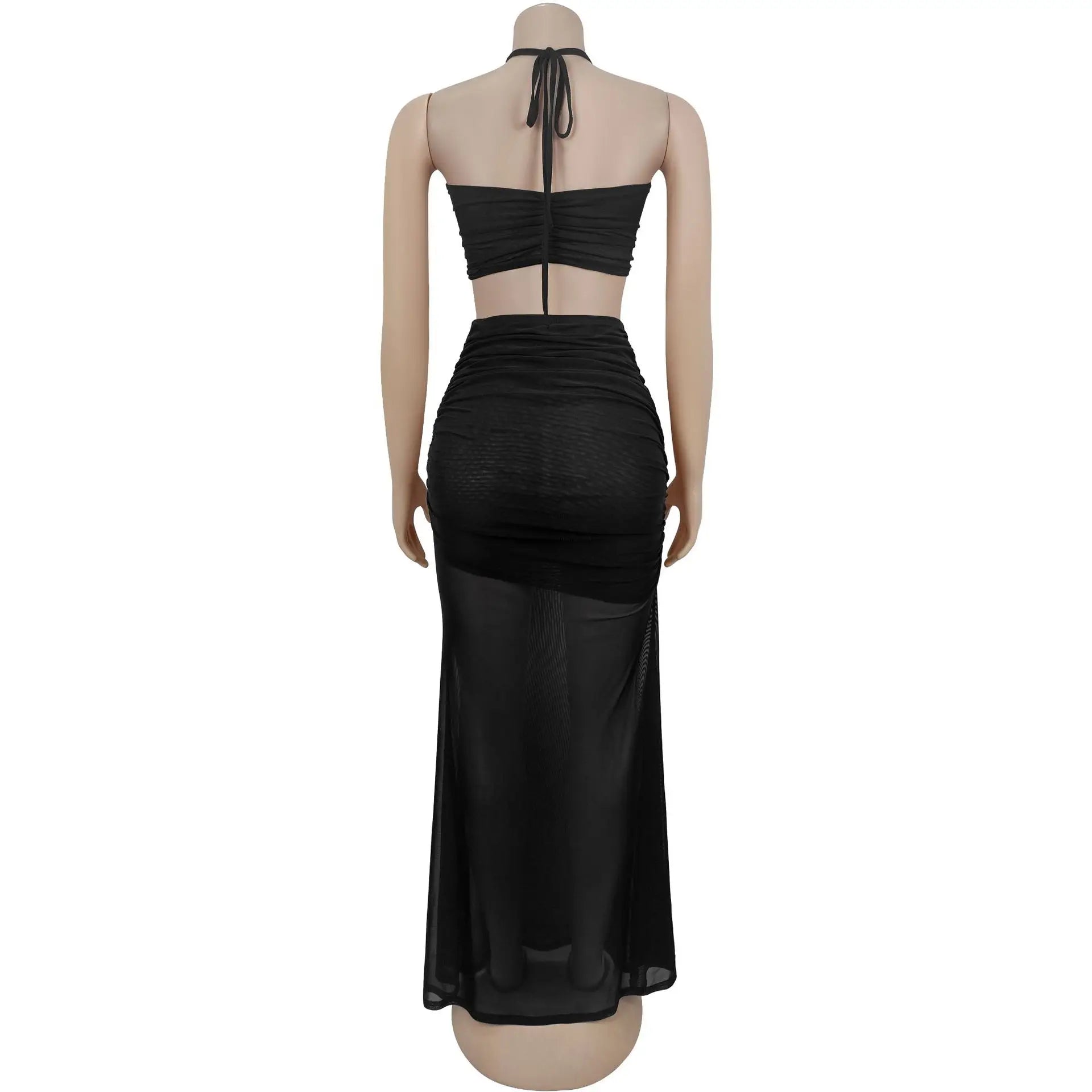 Crop Tops and Stacked Ruched Midi Maxi Skirts Two Piece Set
