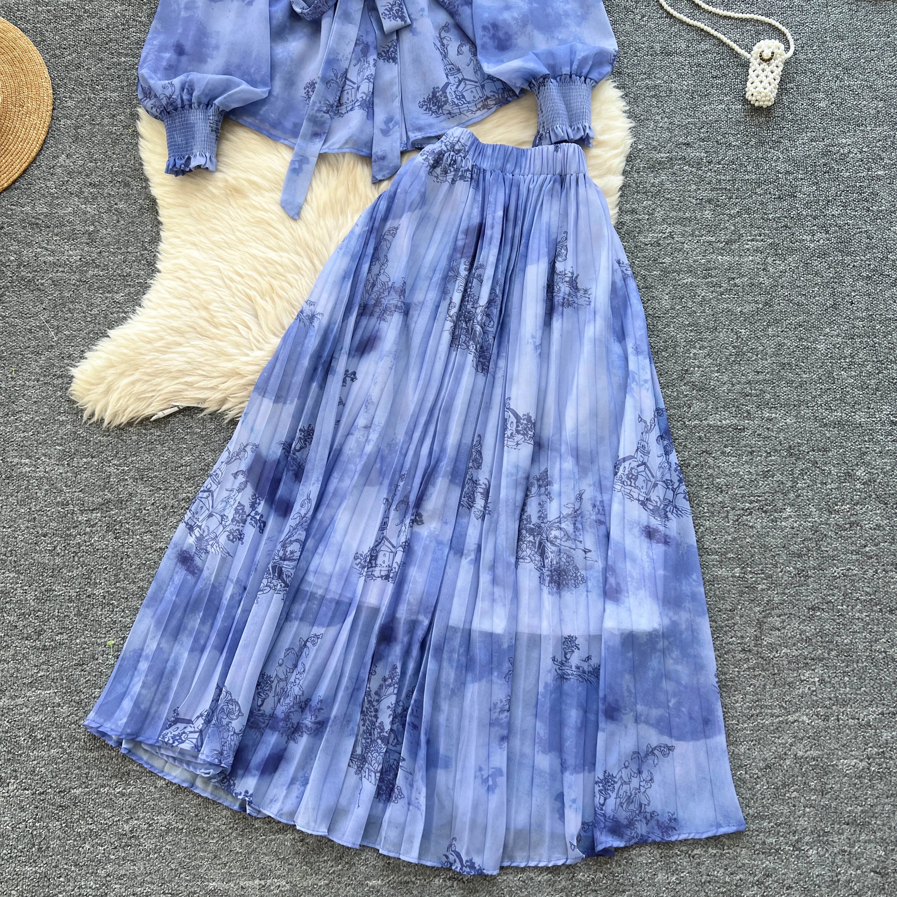 Lantern Sleeves Lace Up Loose Tops+Pleated Skirt Floral Chiffon Sets