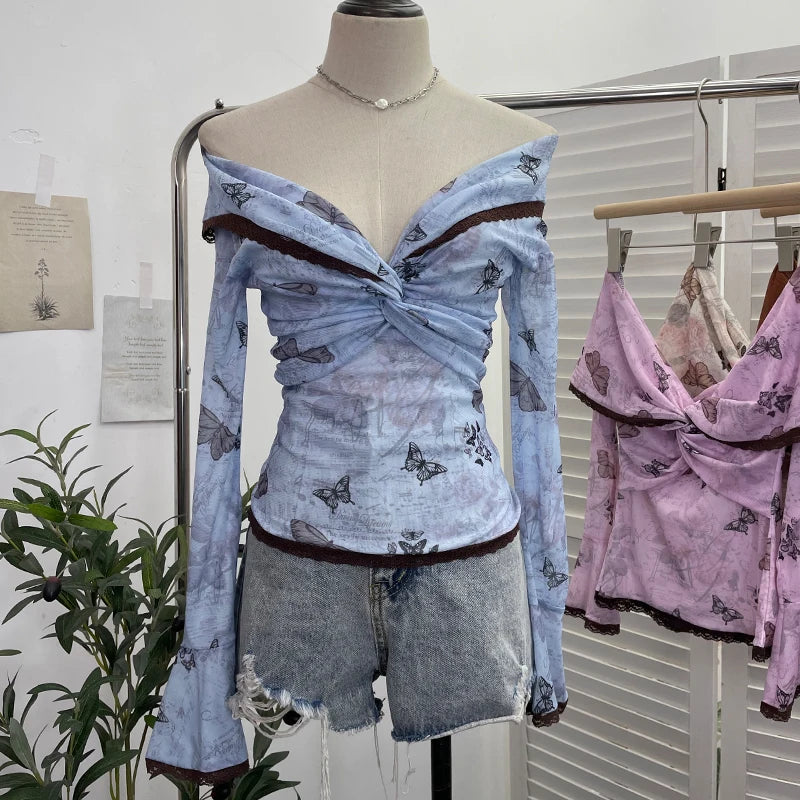 Off Shoulder Patched Ruffled Mesh Slash Collar T Shirts