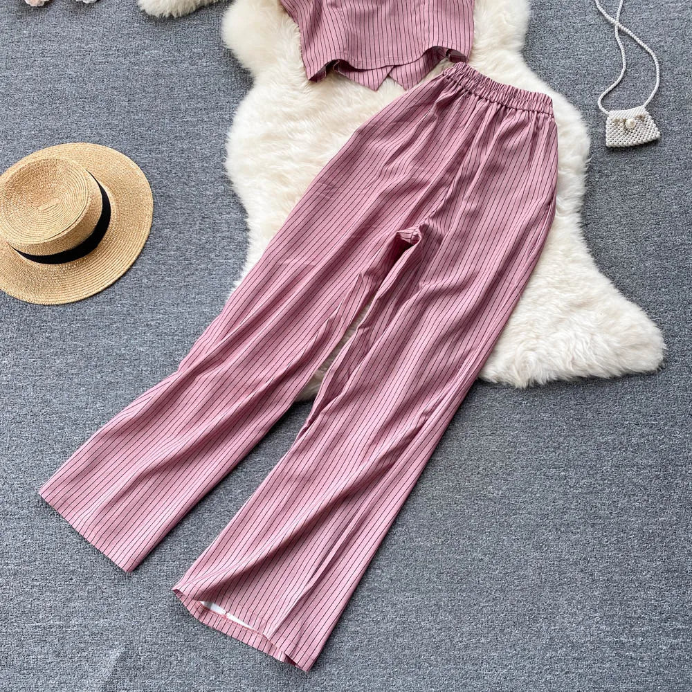 Spaghetti Strap Tops & High Waist Long Pants Two Piece Suits