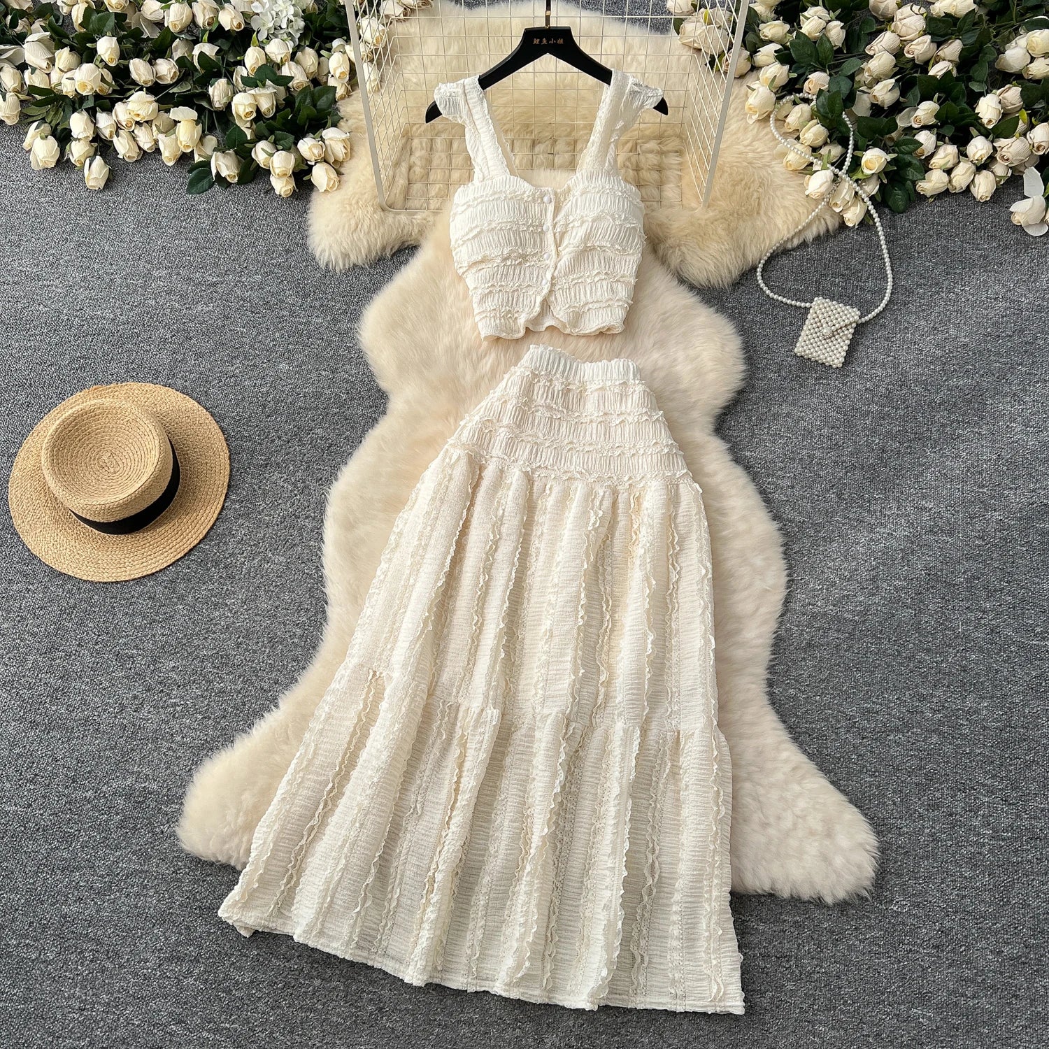 Casual Single Breasted Mini Camisole+Elastic Waist A Line Fold Slim Skirt Two Piece Sets