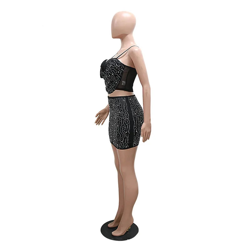 Two Piece Set Strap Mesh Rhinestone Top and Diamonds Mini Skirts Sets