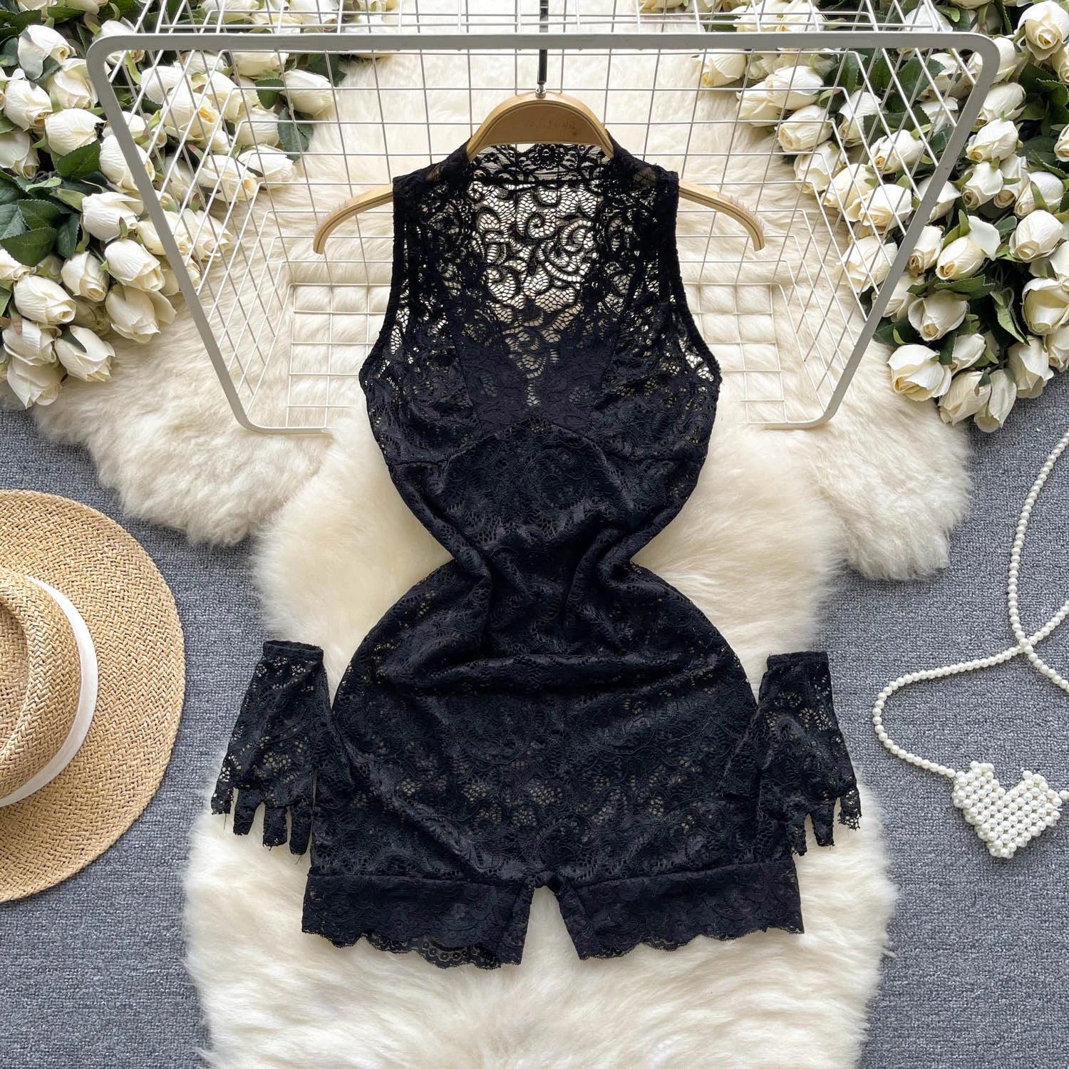 Hollow Out Lace Sleeveless Mesh Playsuit Bodysuit
