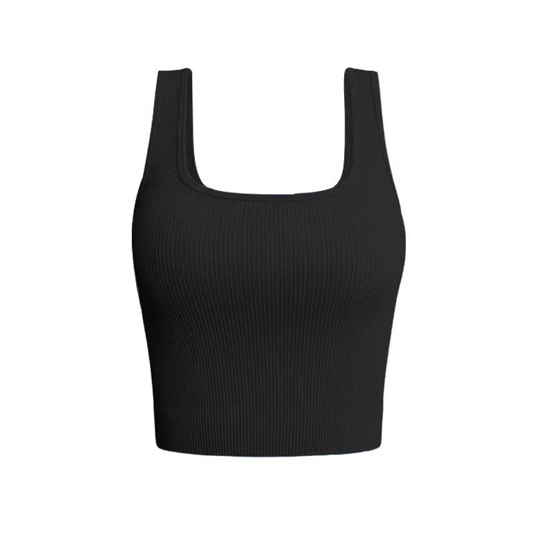 Solid Square Neck Ribbed Basic Elastic Sleeveless Crop Tops