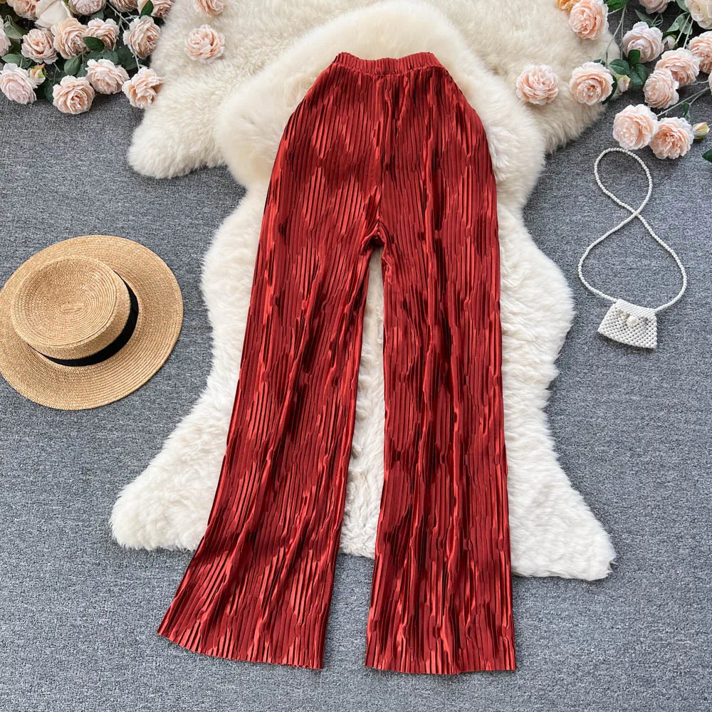 Pleated Vintage Striped Long High Waist Wide Leg Trousers