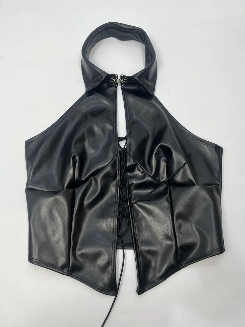 PU Imitation Leather Cross Bandage Hollow Out Halter Crop Tops