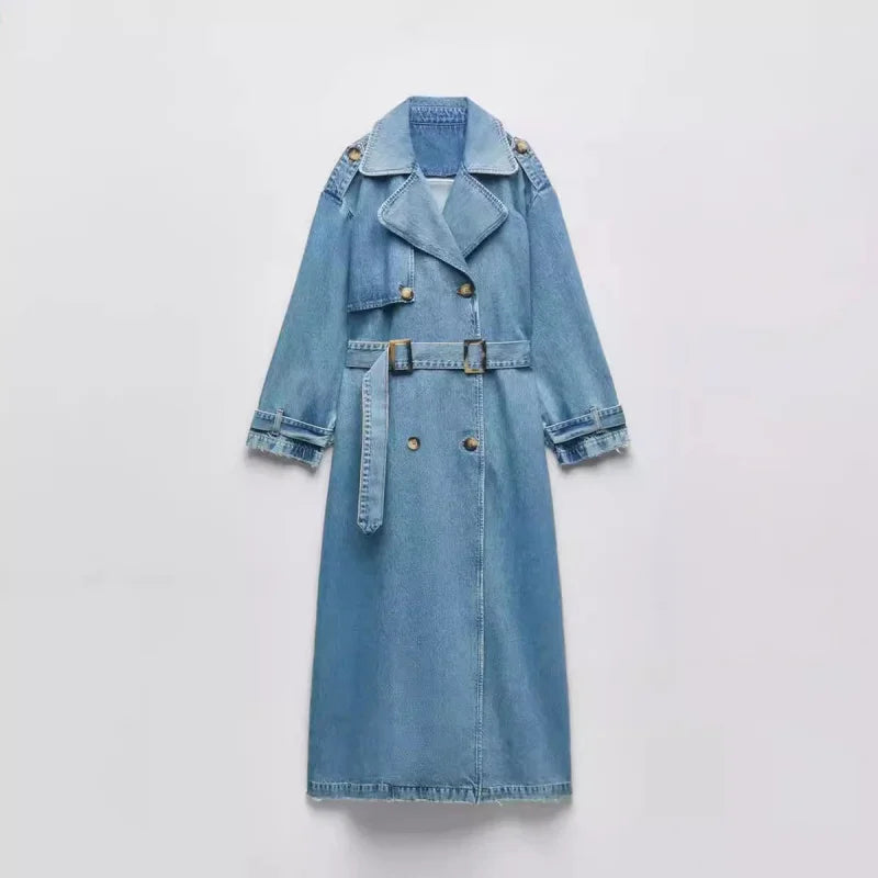 Loose Double-Breasted Belted Denim Trench Coat