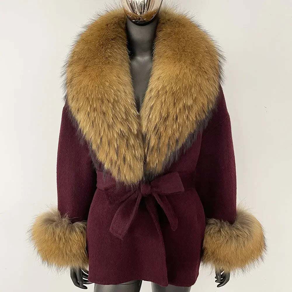 Winter Loose Outerwear Casual Natural Real Raccoon Fox Fur Blends Wool Coat