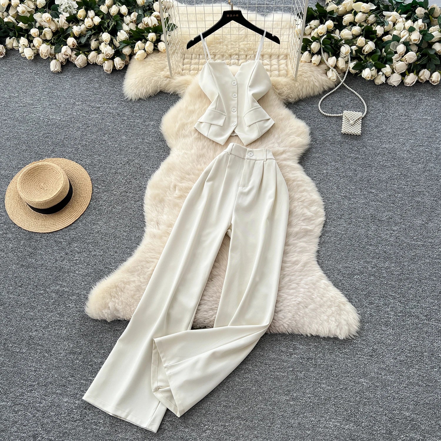 Office Lady Suits Camisole+Wide Leg Zipper Pants Chic Two Piece Set