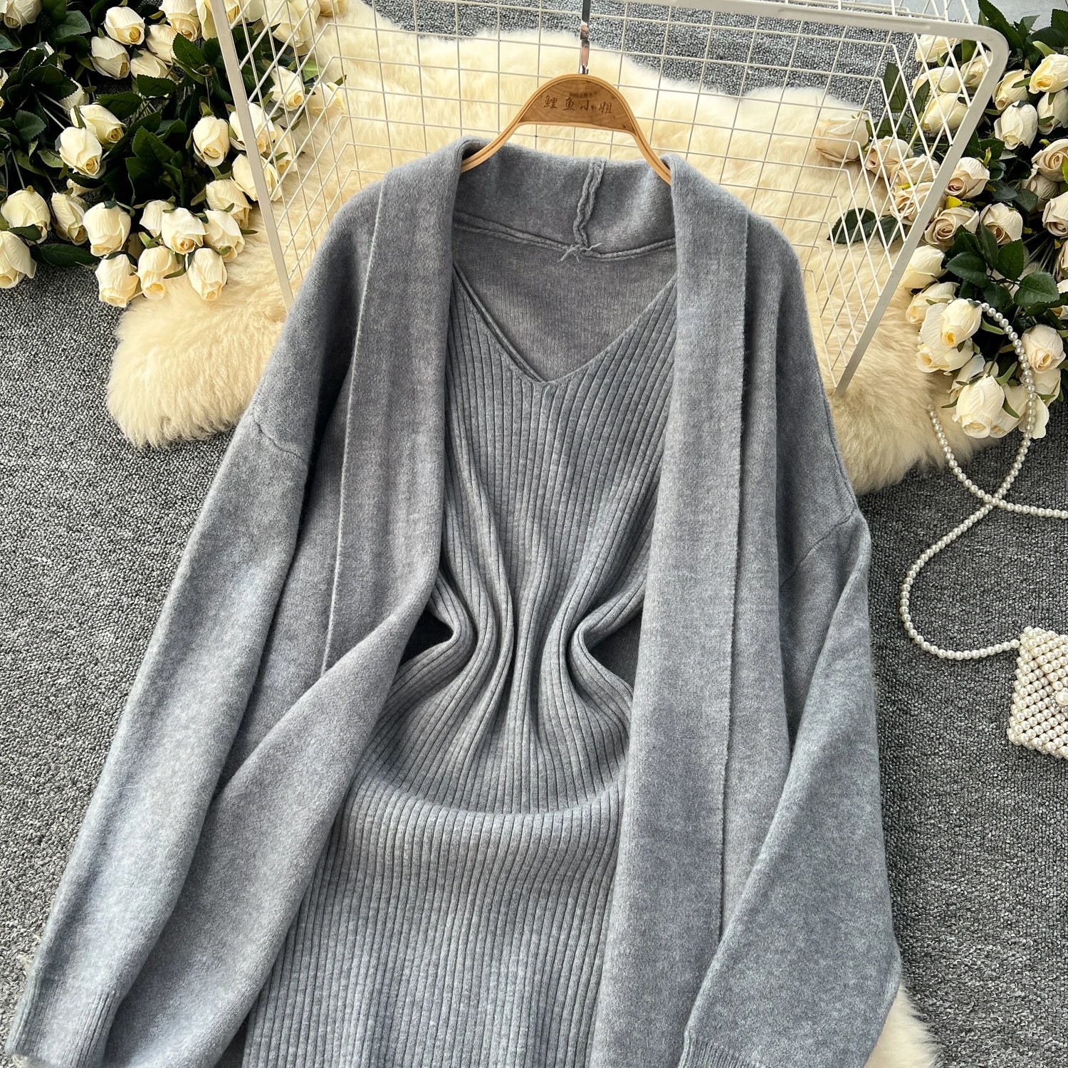 Knitted Two-Piece Sets  Knitting Cardigan+Spaghetti Strap Bodycon Dress