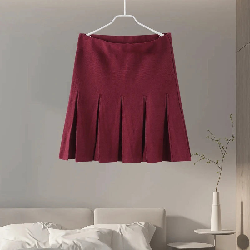 Knitted Two Pieces Single Breasted Lapel Cardigan Pleated A-line Mini Skirt Set