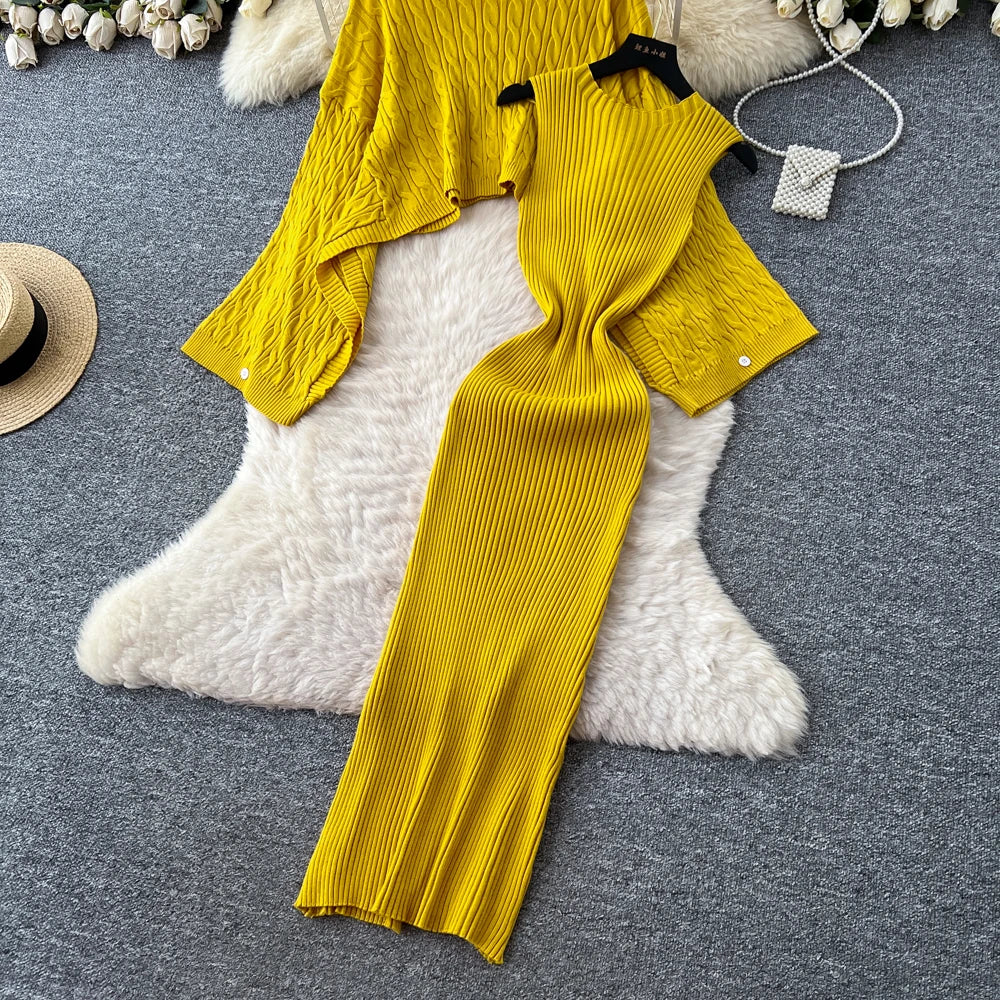 Turtleneck Sweater Suits Batwing Sleeves Short Pullovers+Bodycon Tank Dress Knitted 2Pcs Sets